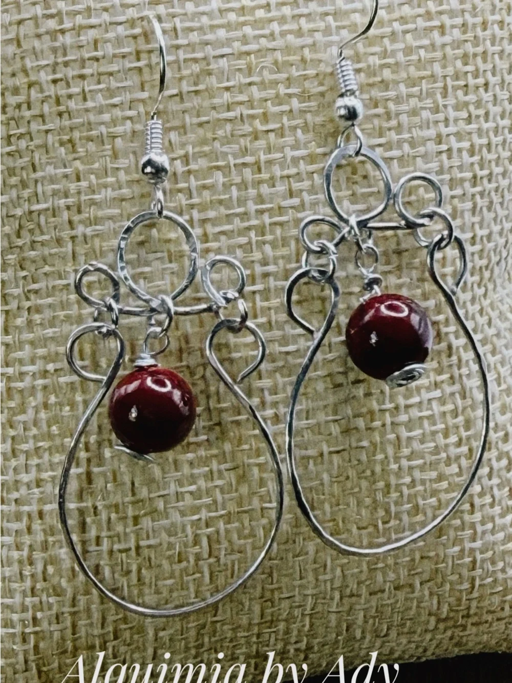 Boho chandeliers Silver-Tone Hoop Earrings with Deep Red turquoise Beads
